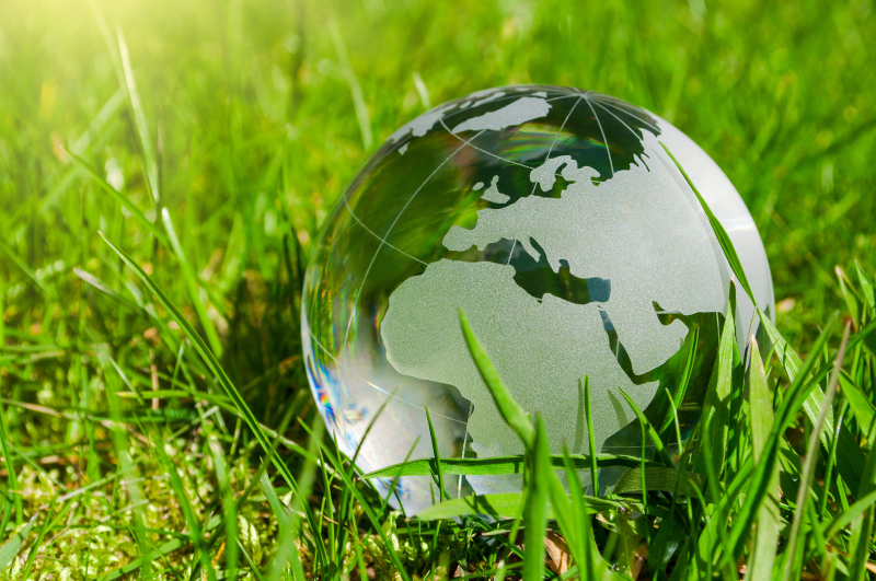 grüne Erde Erde aus Glas auf Gras