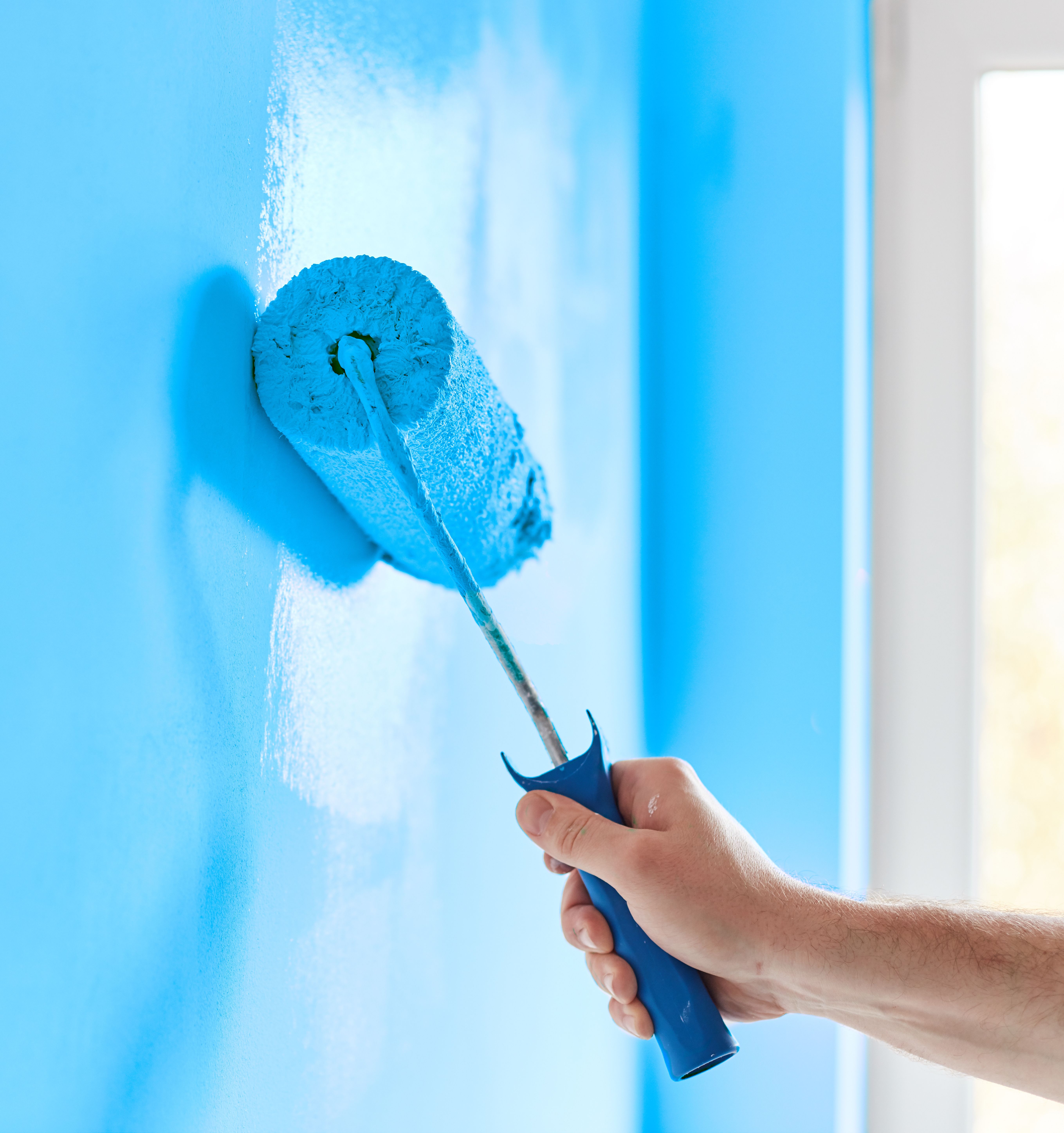 Blaue Wandfarbe auftragen Blaue Wandfarbe mit Rolle auftragen